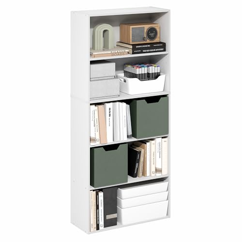 Image of Furinno Jaya Book Shelf, 5-Tier Bookshelf, 52 Inch Tall Standing Bookcase with Adjustable Shelf, 9.5 x 23.6 x 52.6, for Home Office, Bedroom, Living Room, White