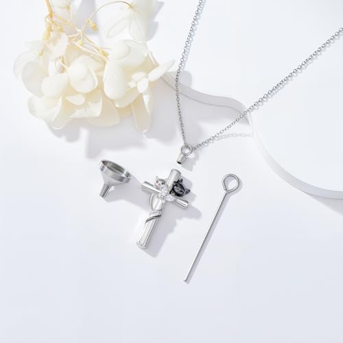 TOUPOP Cat Cross Urn Necklaces for Ashes S925 Sterling Silver Butterfly Cremation Jewelry Memorial Keepsake Jewelry with Funnel Filler for Women Men2