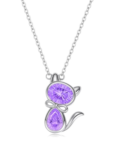 Cat Birthstone Necklaces for Women: Sterling Silver Dainty Bow-Knot Kitty
