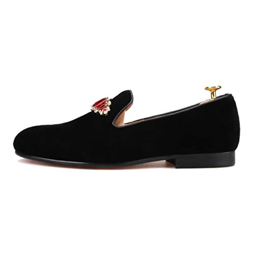 FERUCCI Handmade Men Black Velvet with Red Crystal Brooch Slippers Loafers Flats3
