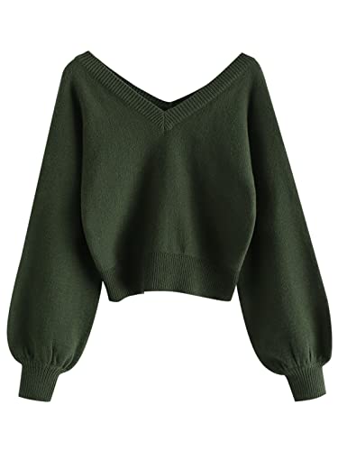 Zaful Women's Raglan Long Sleeve Double Side V Neck Short Sweater Casual Solid Cropped Knit Top Pullovers Deep Green #TOP5