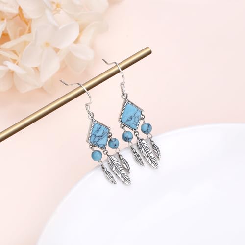 925 Sterling Silver Feather Turquoise Dangle Drop Earrings Jewelry Gift for Women3