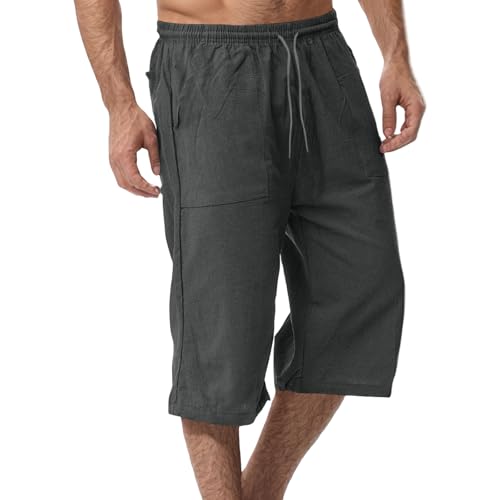 Linen Shorts for Men Loose Drawstring Long Short Summer 3/4 Below Knee Capri Wide Leg Baggy Pants