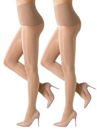 MANZI Womens Shiny Seamless Pantyhose with Control Top 15D Sheer Shiny jazz Tights Shimmer Nylons Silk Stockings(Brown M)