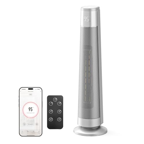 1500W PTC Ceramic Smart Space Heaters for Indoor Use, Portable Heater with Remote & App Control for Large Room, Office, ECO Modes, Safety Protection, 70° Oscillation, 12H Timer, Silver, 1 Pa