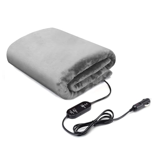 WODHMIEY Heated Car Blanket, Electric Warming Blanket,3 Temperature Settings,Timer,Machine Washable,12/24 V Electric Blanket, Portable Heated Throw for Camping 59x43 in (Gray)