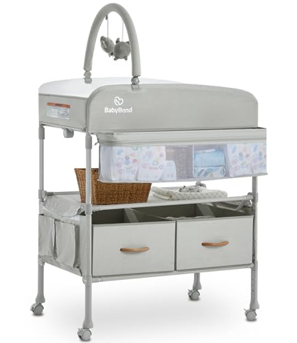 Image of Portable Baby Changing Table with 2 Storage Baskets, BabyBond Foldable Diaper Changing Table Dresser Waterproof Height Adjustable Changing Station for Infant and Newborn(Beige)