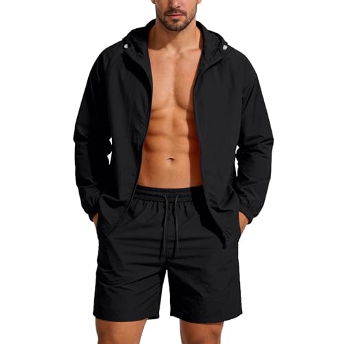 Men's 2 Piece Sun Protection Outfits Long Full Zip UPF 50+ Hooded Shirts Drawstring Shorts Lightweight Outdoor Sets Black