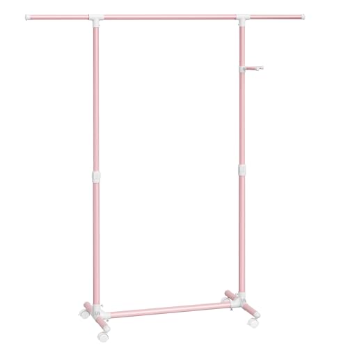 SONGMICS Perchero con Ruedas, Burro para Ropa, Altura Ajustable 97-165 cm, Barra Extensible, Ganchos Laterales para Accesorios, Rosa Jalea LLR001R02