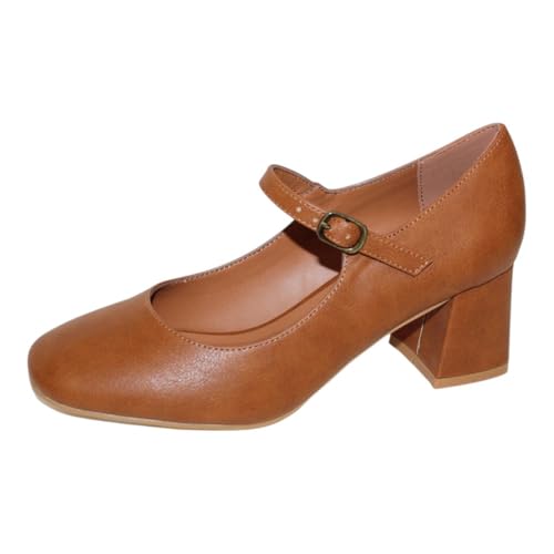 Women Classic Pumps Shoes Ankle Strap Round Closed Toe Dress Sandals Chunky Block Heels Comfort Party Evening Pump Mid Heel Work Shoes