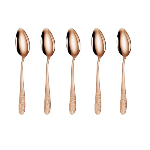 Image of 6.7 inch Rosegold Hammered Dessert Spoons | Set of 5 Durable Stainless Steel Teaspoons | Mirror Polished Silverware for Home, Restaurants, and Gift Giving