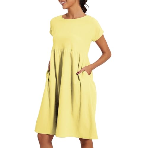 Linen Dresses for Women UK Short Sleeve Summer Dresses with Pockets Loose Beach Plus Size Swing Elegant Round Neck Cotton Linen Summer Outfits Wedding Guest Dress for Cocktail Work Holiday Size S-5XL - Image 2