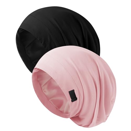 Silk Bonnet for Sleeping Women, Adjustable Silky Satin Lined Sleep Cap, Silk Hair Wrap for Sleep Night Cap for Natural Curly Hair 2PCS(Black&Pink)
