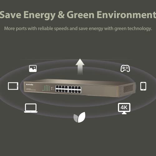 Image of Tenda TEG1016G, 16 Port Gigabit Switch, Unmanaged Rackmount Ethernet Switch with Traffic Optimization, Plug & Play, Fanless Quiet & Metal Design Network Switch, Limited Lifetime Protection