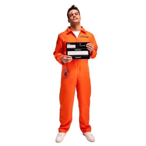 Wicked Costumes Mens Orange Convict with Handcuffs & I.D Board Fancy Dress Costume