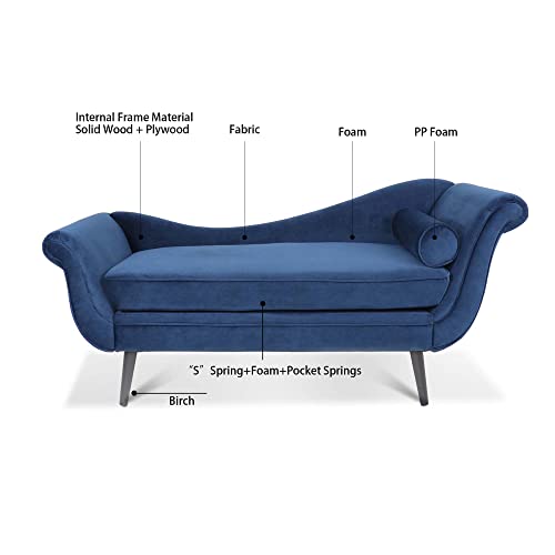 Ximeix Chaise Lounge Indoor 68'' With Pillow Scroll Arms Wave Back Lounge Chair Living Room, Comfort Bedroom Chairs Couch Furniture For Apartment Nursery Blue Velvet #TOP4