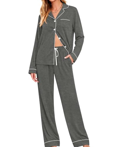 Image of SWOMOG Womens Pajamas Set Long Sleeve Sleepwear Button Down Nightwear Soft Cotton Pj Lounge Sets
