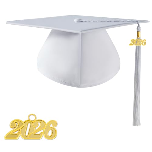 TngHui Graduation Cap 2026 with Tassel Unisex Matte Bachelor High School Cap Adjustable Size White