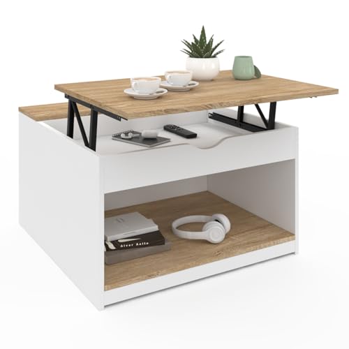 IDMarket - Table Basse Plateau relevable carrée ELEA avec Coffre Bois Blanc et façon hêtre