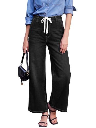 HDLTE Wide Leg Jeans Woman High Waisted Trendy Pull On Elastic Waist Drawstring Stretchy Denim Jean Pants with Pockets，Black，XS