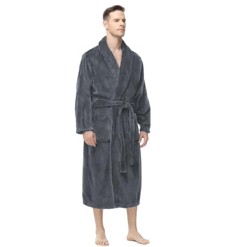 Yurhap Mens Fleece Robe, Soft Plush Robe for Men, Fluffy Bathrobe with Belt & 2 Pockets, Dark Grey, L-XL
