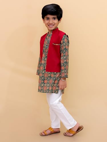 Image of The Mom Store Boys Printed Cotton Kurta Pajama Set With Jacket | Soft And Comfortable Ethnic Wear For Baby /Kids Boys | Full Sleeves Kurta Pyjama Set | Traditional Indian Outfit