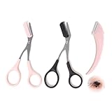 3Pack Eyebrow Scissors with Comb,Stainless Steel Eyebrow Trimmer Scissors with Eyebrow Razor for Beginner,Women & Men,Portable Grooming Hair Removal Beauty Set (Black, Pink)