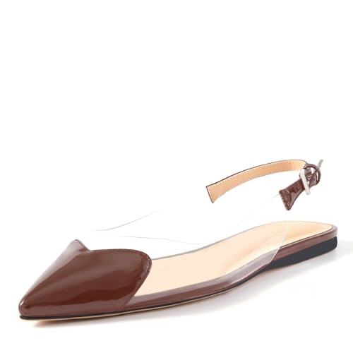 Women's Fashion Pointed Toe Heart Transparent PVC Slingback Flat Shoes Comfort Slip On Cap Toe Clear Ballet Flats Work Wedding Dress Flat Shoes for Women Brown Size 7