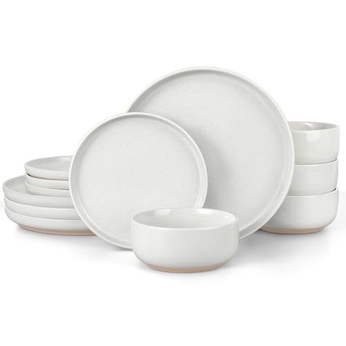 LIANYU Dinnerware Sets, 12 Piece Plates and Bowls Set for 4, Ceramic Dishware Dishes Set, Scratch...