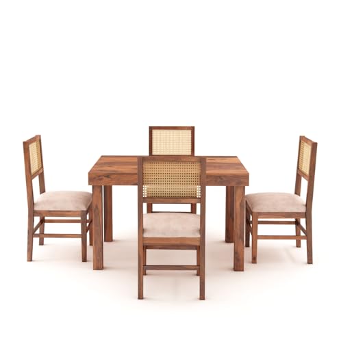 Image of MoonWoode Sheesham Wood 4 Seater Dining Table Set with Cushion Chairs Cane Webbing Wooden Dining Room Dinner Table for Home Living Room and Restaurant Furniture (Honey Finish)