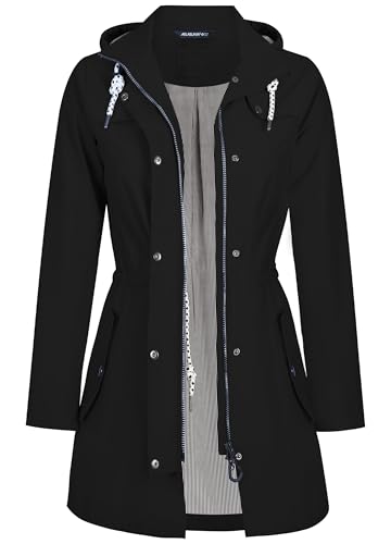 EnduaReve Regenjacke Damen Lang Wasserdicht Atmungsaktiv Regenmantel Übergangsjacke Kapuze Outdoor Jacke Schwarz L