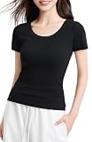 [アズルテ] 半袖 Ｔシャツ レディース 春夏 夏 速乾 ショートスリーブ きれいめ ストレッチ バインダー オフィス オフィスカジュアル 重ね着 レイヤード シック uネック トップス シンプル 黒色 無地 6.2オンス 244 M ブラック