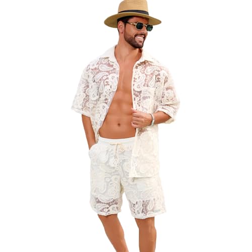 Men's Resort Two-Piece Set Embroidered Lace Short Sleeve Shirt Paisley Print Drawstring in Apricot Beach Vacation