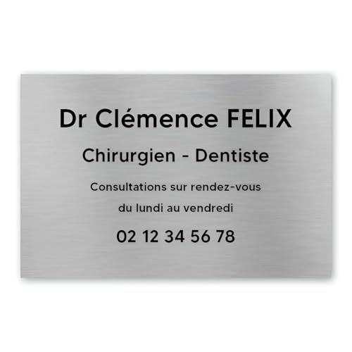 Plaque professionnelle personnalisée en PVC pour dentiste, chirurgien dentiste - 1 à 5 lignes de texte - Format 30 x 20 cm - Argent lettres noires - Adhésif 3M