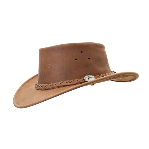 Bushie 1035 Full Grain - Australian Cattle Leather Cowboy Hats for Men - Aussie Leather, Foldable Outback Hat, Lightweight, Wide Brim, Durable, Water Resistant, Travel Bag (Large, Tan)