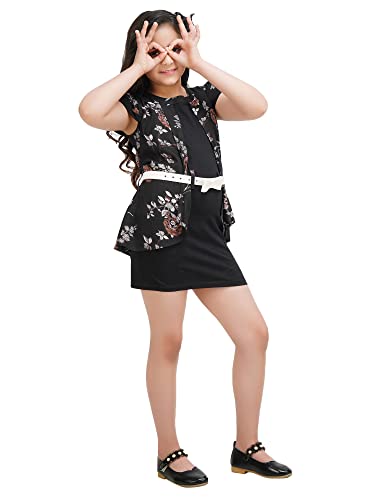 Image of Girls Floral Printed Rayon and Lycra Shift Dress (with Belt)