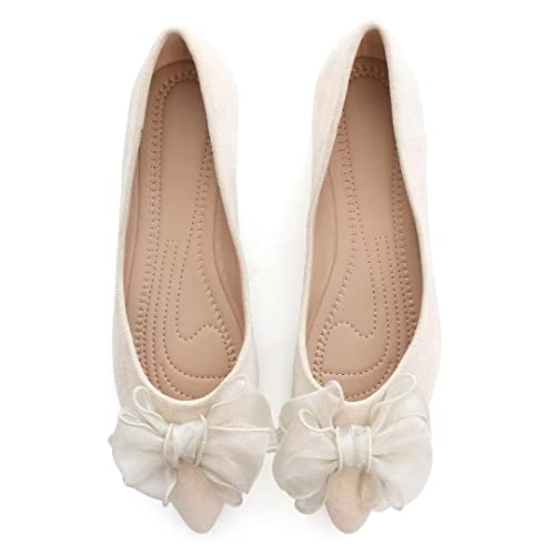 TN TANGNEST Womens Ballet Flats Fashion Bowknot Flats Comfort Pointed Toe Dress Shoes Apricot 42(9)2