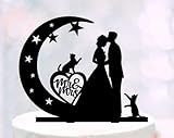 Moon And Stars Wedding Cake Topper,Bride groom wedding topper,Cake topper with cats,Crescent and silhouette of a couple topper with pets,Silhouette Cake Topper for Wedding/Engagement/Marriage Party.