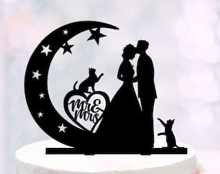 Moon And Stars Wedding Cake Topper,Bride groom wedding topper,Cake topper with cats,Crescent and silhouette of a couple topper with pets,Silhouette Cake Topper for Wedding/Engagement/Marriage Party.