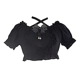 Cuteighteen Sweet Lolita Puff Short Sleeve Blouse Teen Girls Japanese Gothic Ruffle Halter Neck Soft Crop Top with Bow (Black), White, Medium