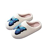 LNERIP Women's Men's Blue Butterfly Slippers Memory Foam Warm Plush Animal Slippers Embroidery Print House Shoes Colorful Butterfly 43-44