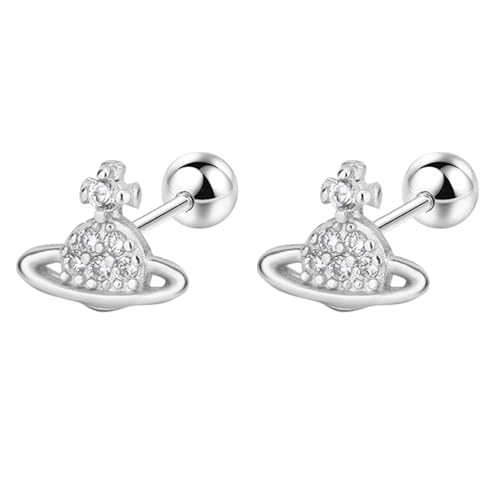 20G Tiny Cute Saturn Stud Earrings for Women Silver Plated Cubic Zirconia Planet Aesthetic Y2k Earring Small Ball Screw Back Studs Mini Cartilage Tragus Long Post Dainty Space Jewelry Gifts