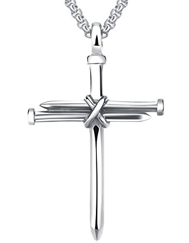 LineAve Men's Stainless Steel Nail and Rope Cross Pendant Necklace