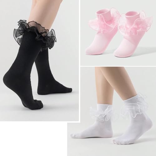 Image of Women Big Ruffle Ankle Socks Adult Double Lace Frilly Turn Cuff Dress Socks Cotton Cute Fancy Bobby Crew Socks