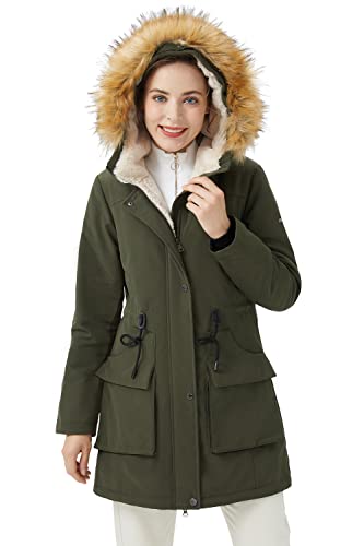 Orolay Damen-Parka mit Dickem Fleece-Futter Wintermantel Kapuzenjacke und Abnehmbarem Pelzkragen Olivgrün S