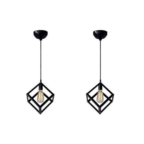 Image of JACKAL Metal Cube Shape Pendant Light Without Bulb - Pack of 2, Hanging Ceiling Light with Braided Cord | Decorative Chandelier for Home, Living Room, Indoor, Outdoor & Bar | Jhumar Lighting(Black)