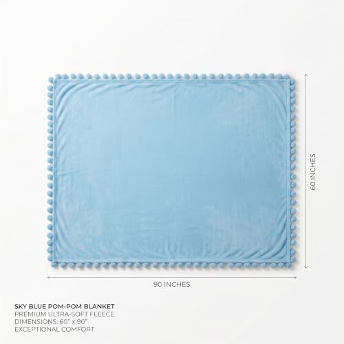 Image of SANMARINO 250 GSM Flannel Blanket for Single Bed | Ultra Soft Velvet Touch Throw Blanket with Decorative Pom Pom Fringe | Lightweight & Breathable All-Season /Mild Winter -152x228 cm,Aqua