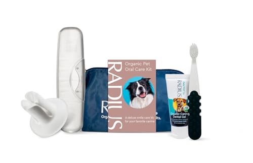 RADIUS Organic Pet Deluxe Oral Care Kit Canine Toothbrush With Organic Canine Toothpaste White Toothbrush Holder Clear Critter Case Blue Travel Bag, 1 Count