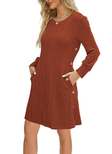 Kikibell Women's Casual Dresses Crew Neck Winter Dresses for Women with Pockets Button Side Tunic Dress for Women Caramel