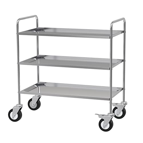 Lvhecforhm Edelstahl Servierwagen 3 Etagen, Servierwagen Küchenwagen Edelstahl Rollwagen, Küchenwagen mit Fixierbare Vollgummi Rollen, Silber Küchenwagen 95x50x95cm Cover